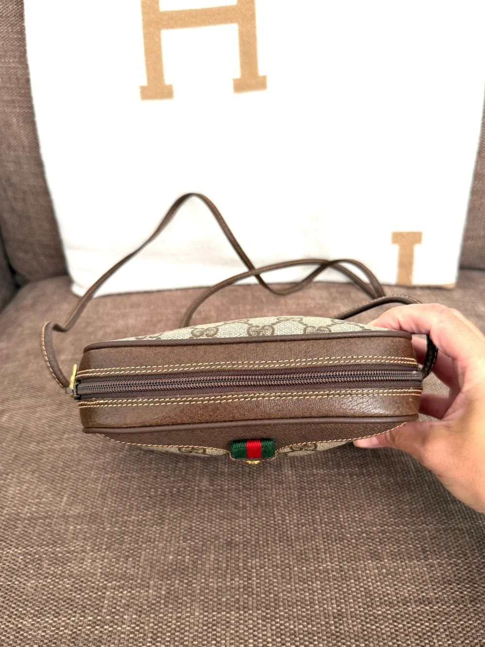 Authentic Gucci brown monogram coated canvas crossbody bag gold hardware
